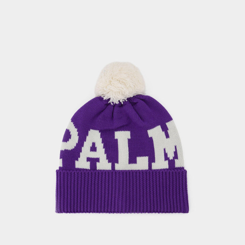 Logo Pompon Beanie in Purple and White