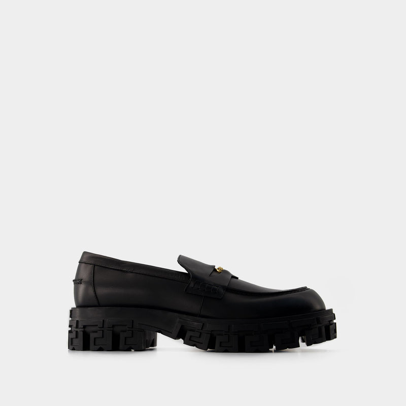 Greca Border Rubber Sole Loafer - Versace - Leather - Black