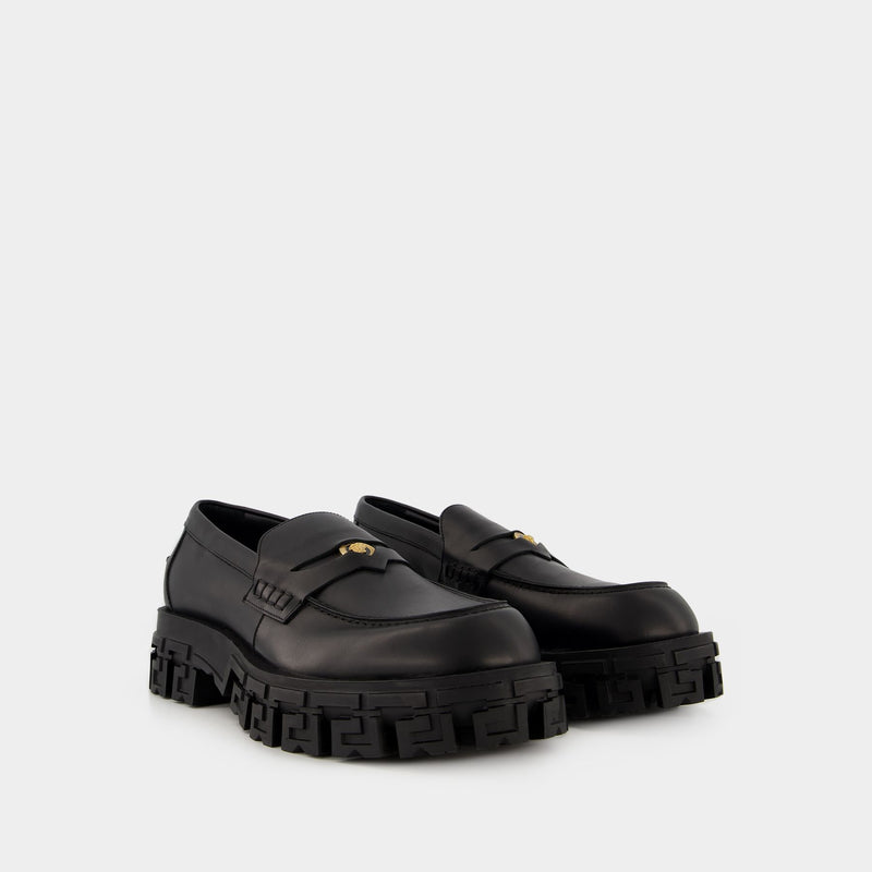 Greca Border Rubber Sole Loafer - Versace - Leather - Black