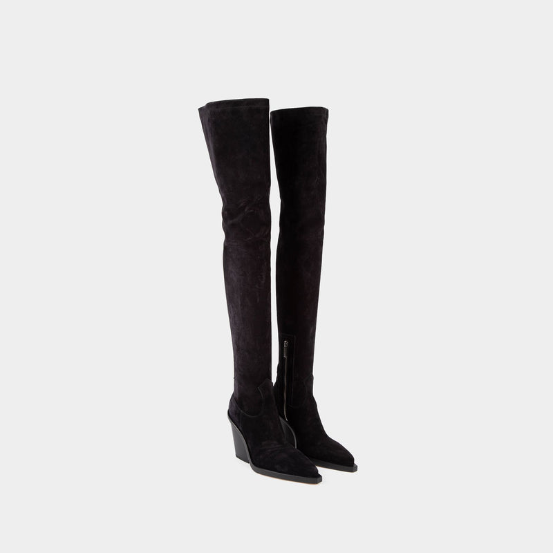 Vegas Over The Knee Boot Stretch in Black Leather