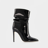 Slouchy Stiletto Boots in Black Patent Leather