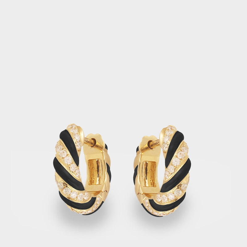 Black Enamel Torsade Hoops in Yellow Gold