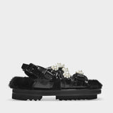 Multi-Strap Track Sandal in Black Pearl Leather