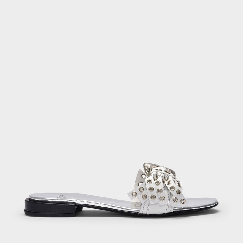 Flat Mules in Silver and White Leather